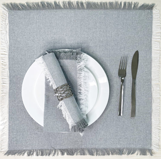 CHAMBRAY W. FRINGES NAPKINS SET OF 12, 18''x18'', Grey-White