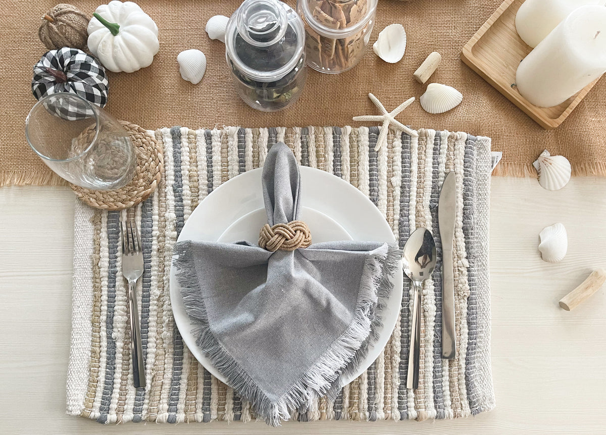 CHAMBRAY W. FRINGES NAPKINS SET OF 12, 18''x18'', Grey-White