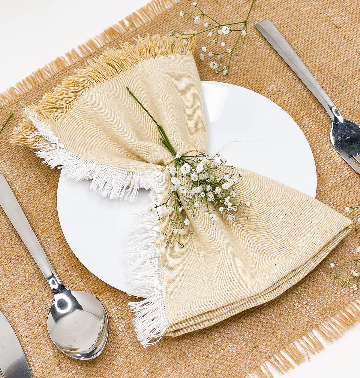 CHAMBRAY W. FRINGES NAPKINS SET OF 12, 18''x18'',Beige-White