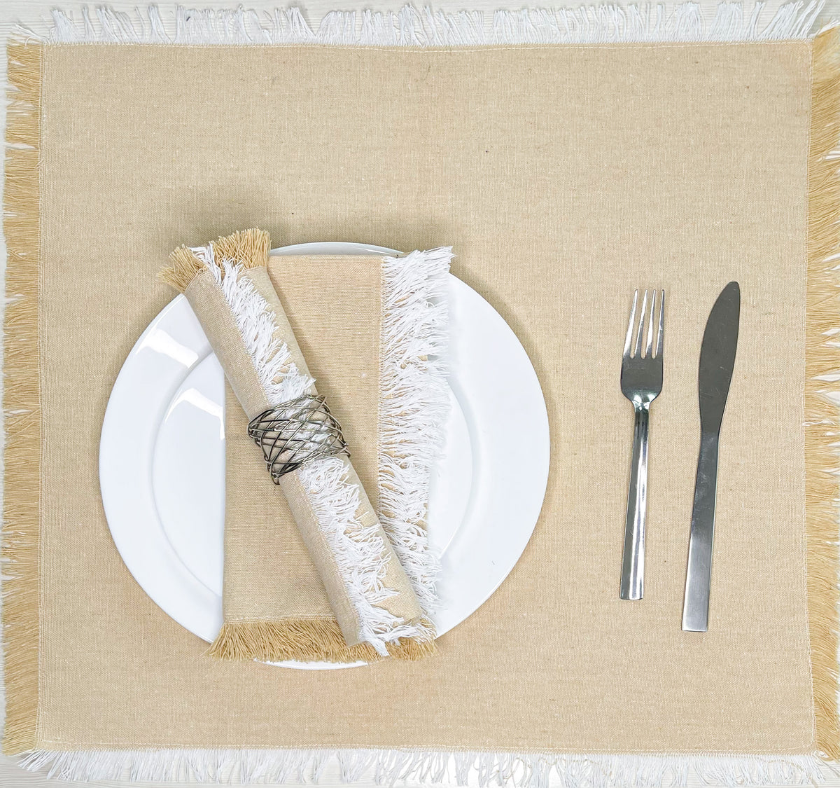 CHAMBRAY W. FRINGES NAPKINS SET OF 12, 18''x18'',Beige-White