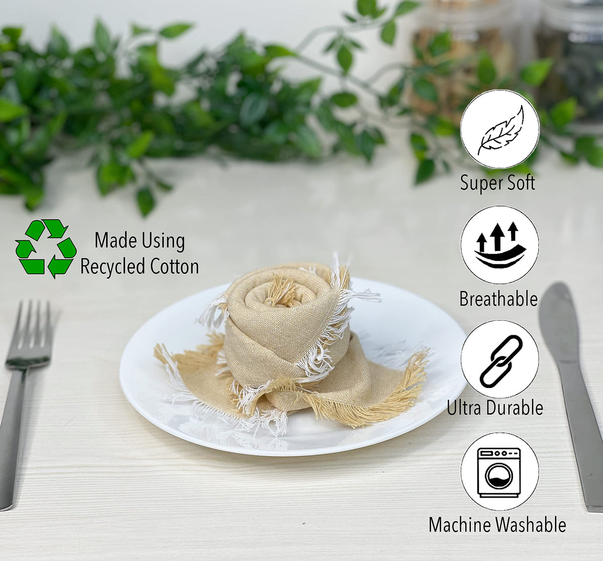 CHAMBRAY W. FRINGES NAPKINS SET OF 12, 18''x18'',Beige-White