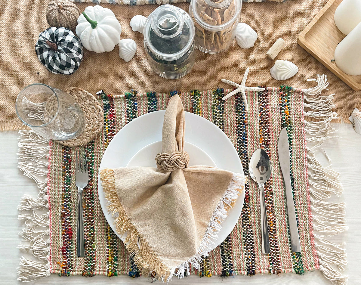 CHAMBRAY W. FRINGES NAPKINS SET OF 12, 18''x18'',Beige-White