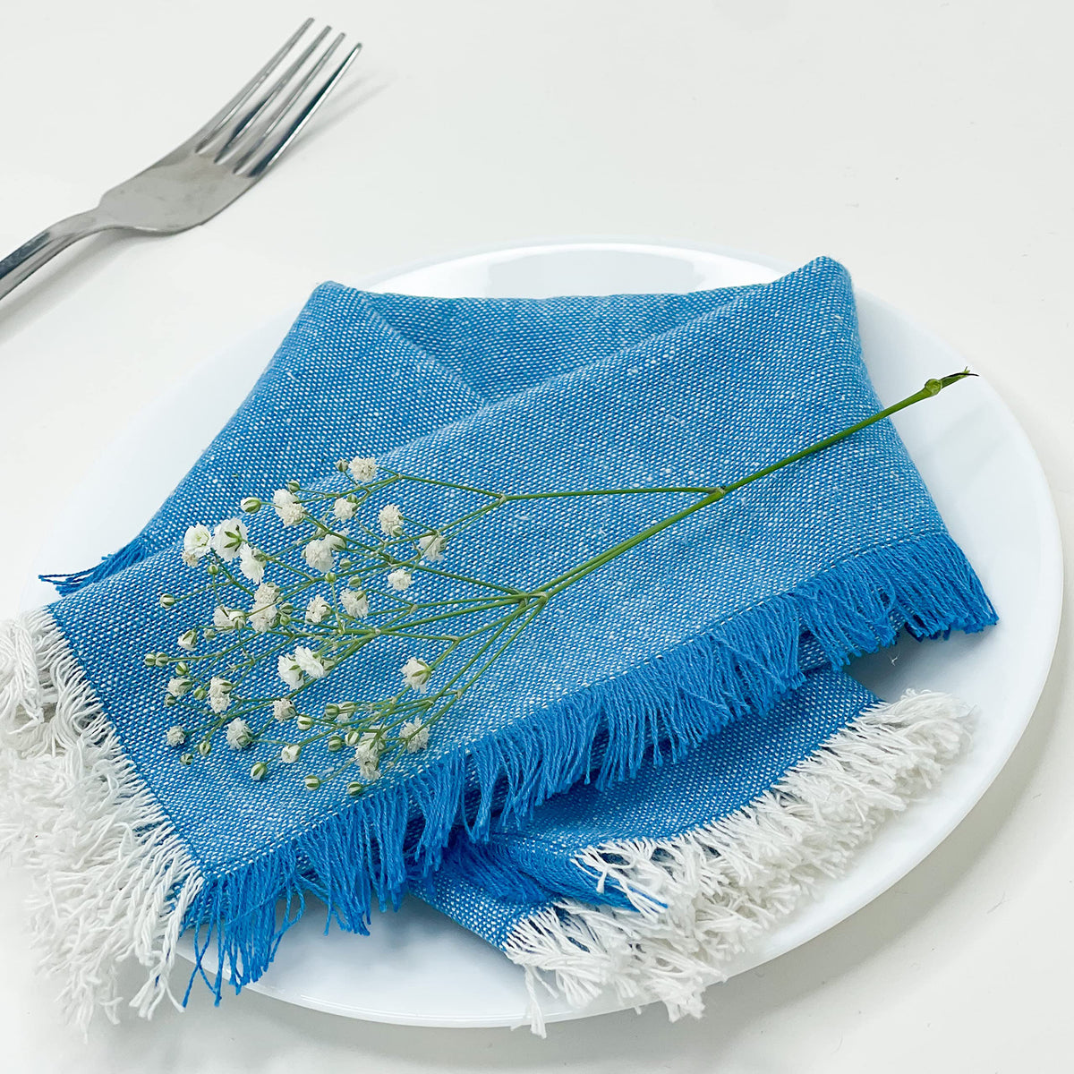 CHAMBRAY W. FRINGES NAPKINS SET OF 12, 18''x18'', Turq-White