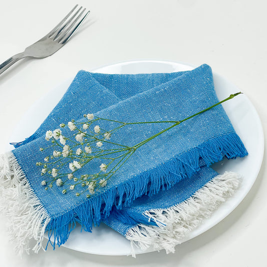 CHAMBRAY W. FRINGES NAPKINS SET OF 12, 18''x18'', Turq-White