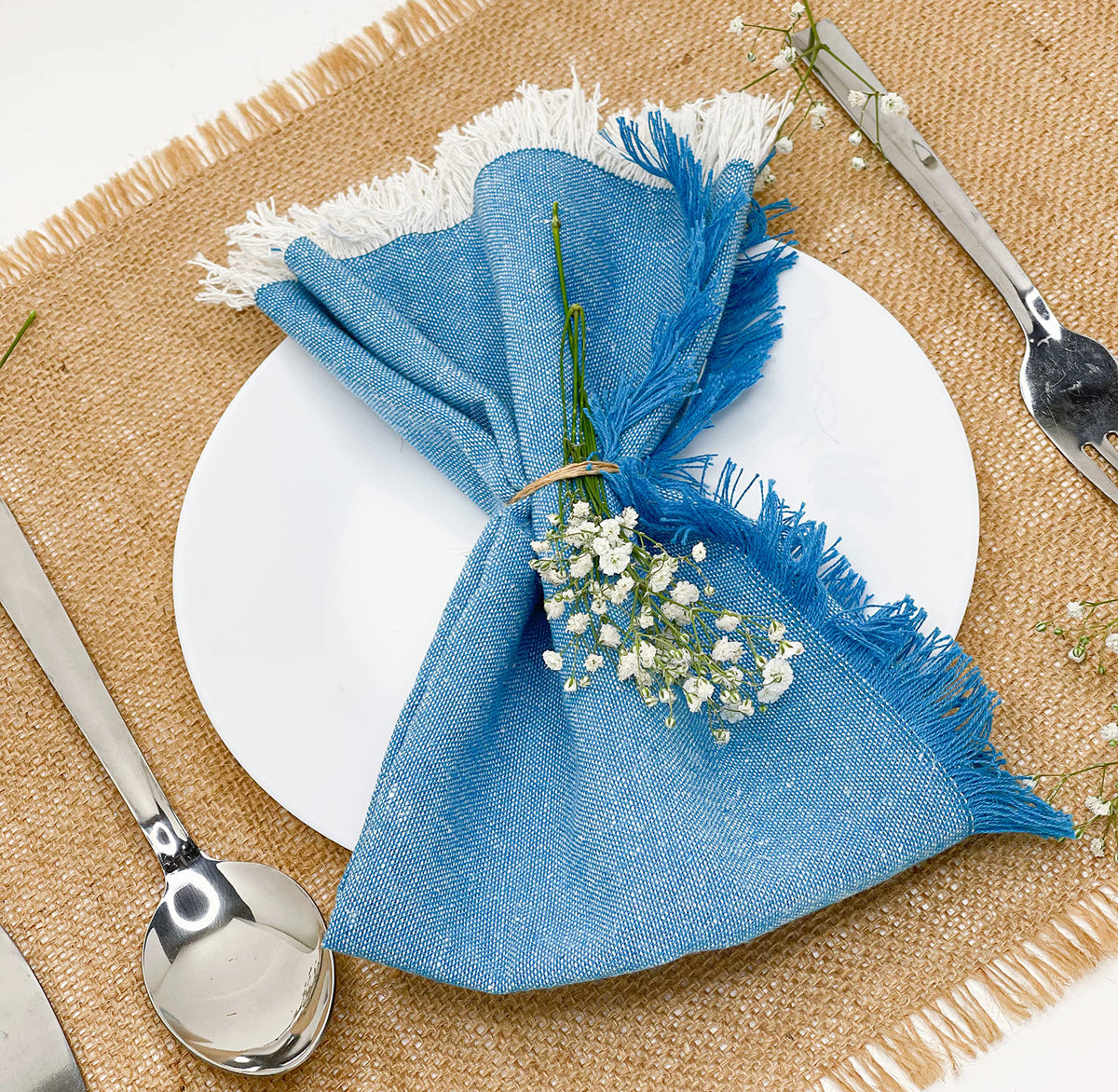 CHAMBRAY W. FRINGES NAPKINS SET OF 12, 18''x18'', Turq-White