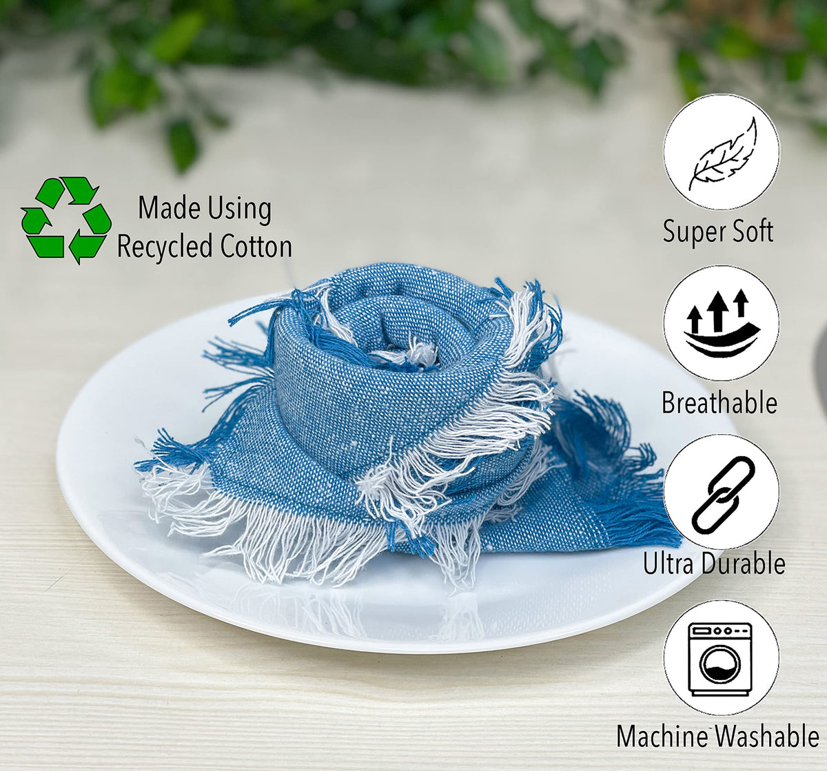 CHAMBRAY W. FRINGES NAPKINS SET OF 12, 18''x18'', Turq-White