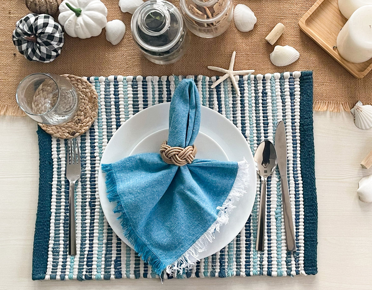 CHAMBRAY W. FRINGES NAPKINS SET OF 12, 18''x18'', Turq-White
