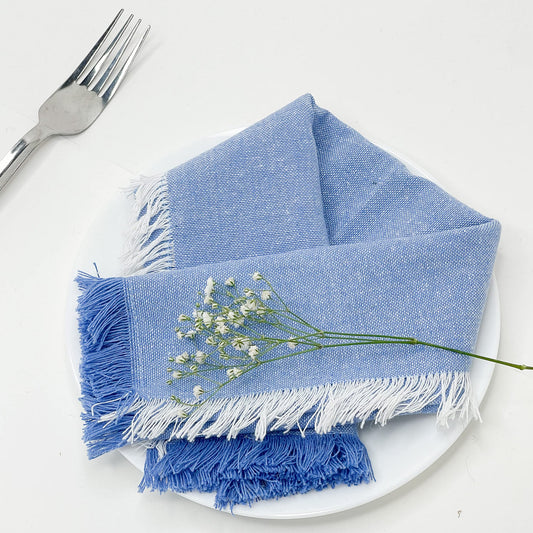 CHAMBRAY W. FRINGES NAPKINS SET OF 12, 18''x18'', Blue-White