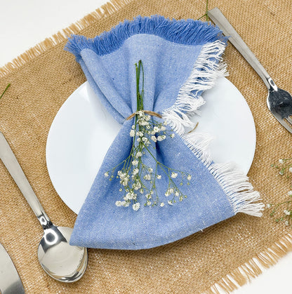 CHAMBRAY W. FRINGES NAPKINS SET OF 12, 18''x18'', Blue-White