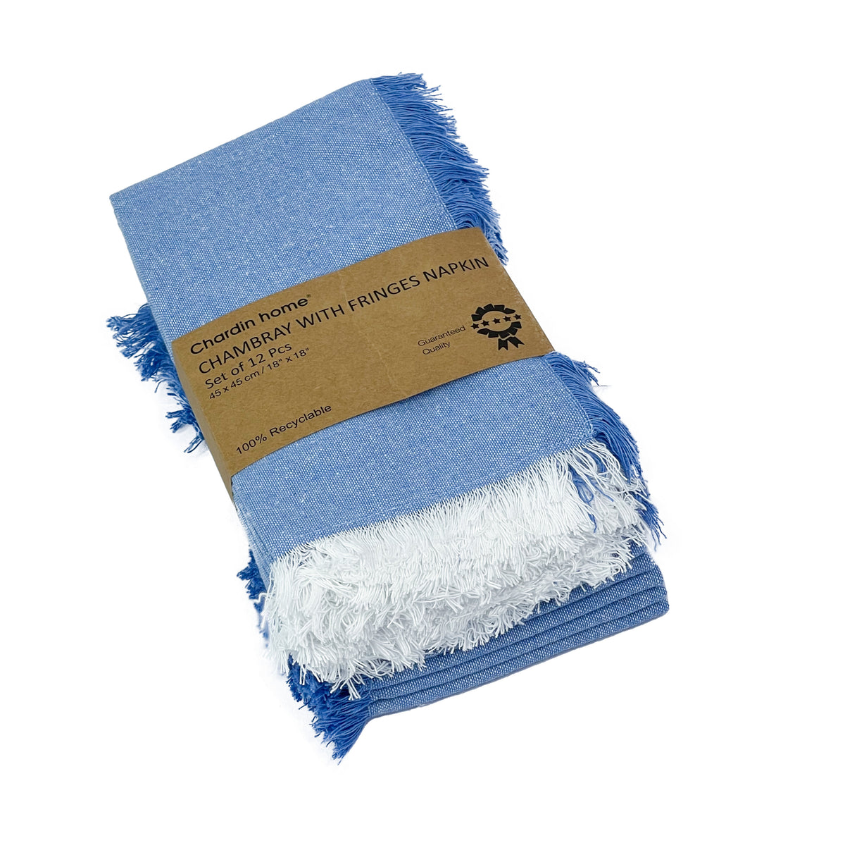 CHAMBRAY W. FRINGES NAPKINS SET OF 12, 18''x18'', Blue-White