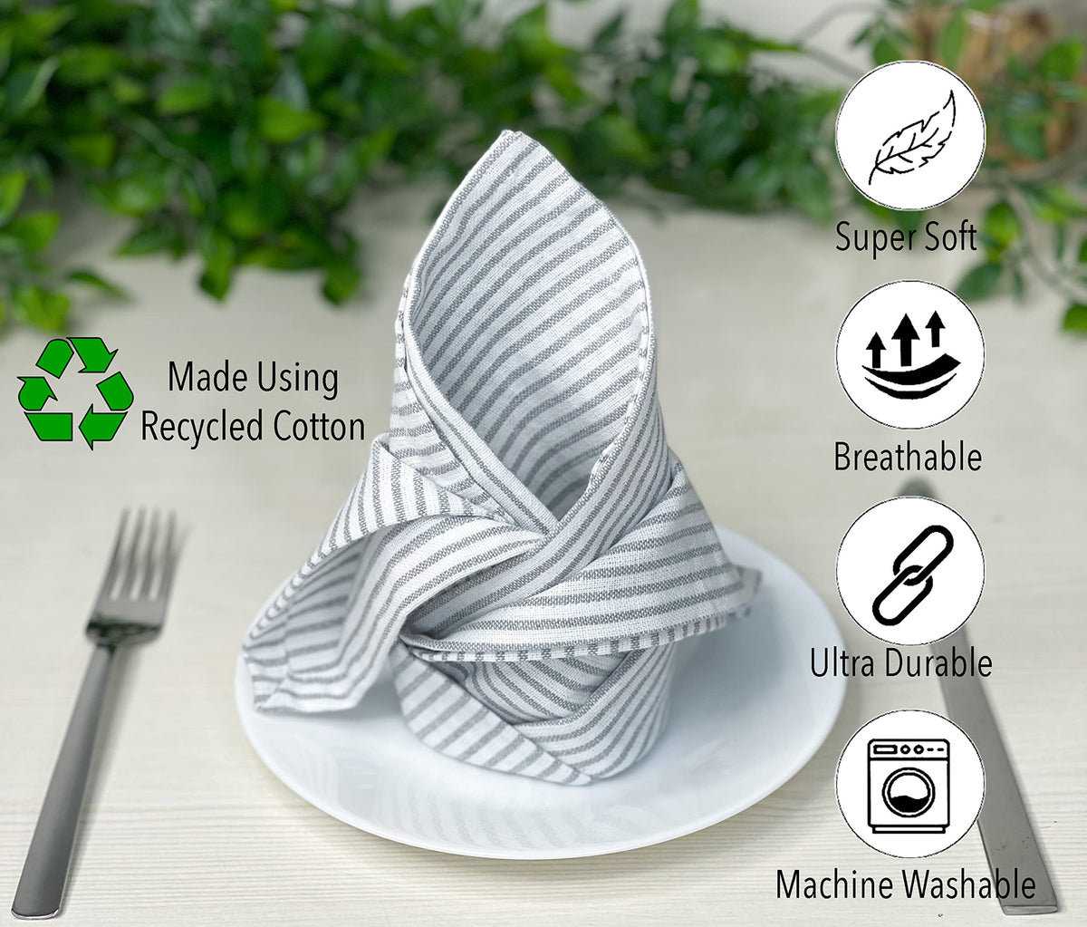 CLASSIC PINSTRIPE NAPKINS SET OF 6, Grey-White, 18''x18''.