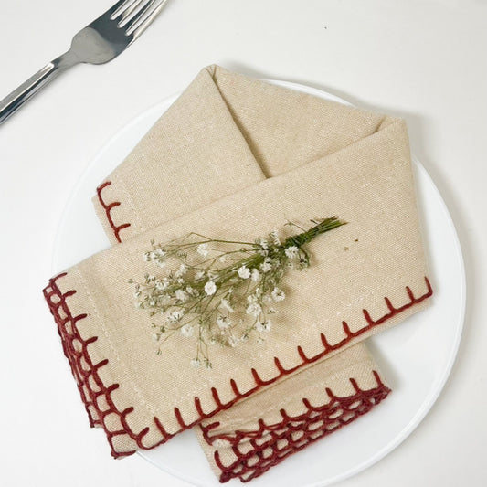BLANKET STITCH  NAPKINS SET OF 6, Linen-Rust, 18''x18''.