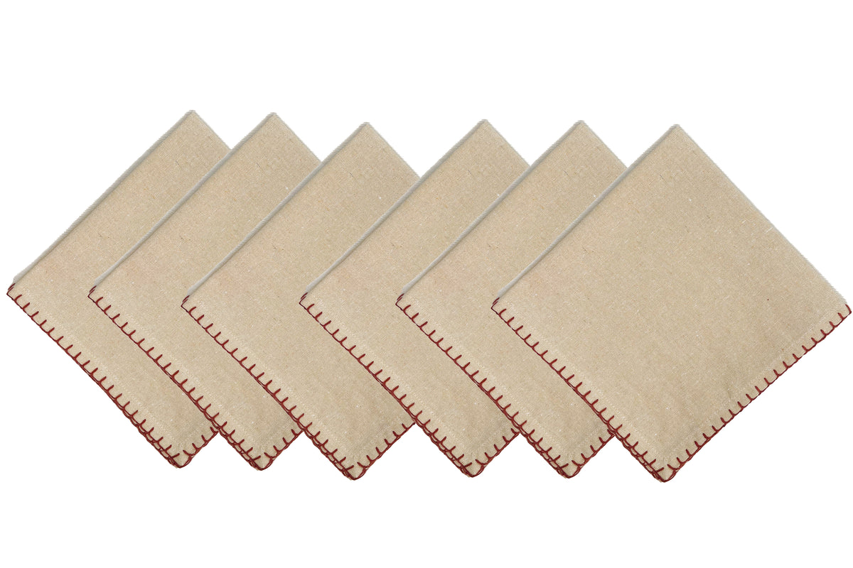 BLANKET STITCH  NAPKINS SET OF 6, Linen-Rust, 18''x18''.