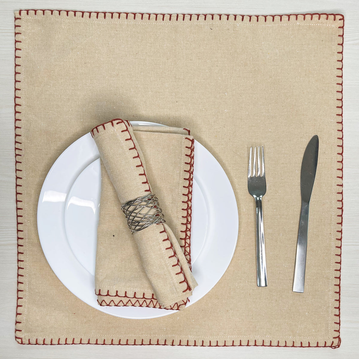 BLANKET STITCH  NAPKINS SET OF 6, Linen-Rust, 18''x18''.