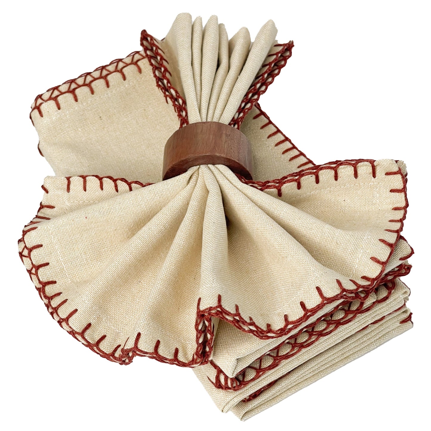 BLANKET STITCH  NAPKINS SET OF 6, Linen-Rust, 18''x18''.