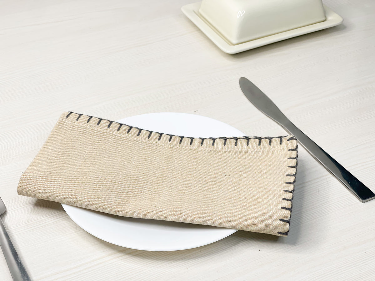 BLANKET STITCH  NAPKINS SET OF 6, Linen-Grey, 18''x18''.