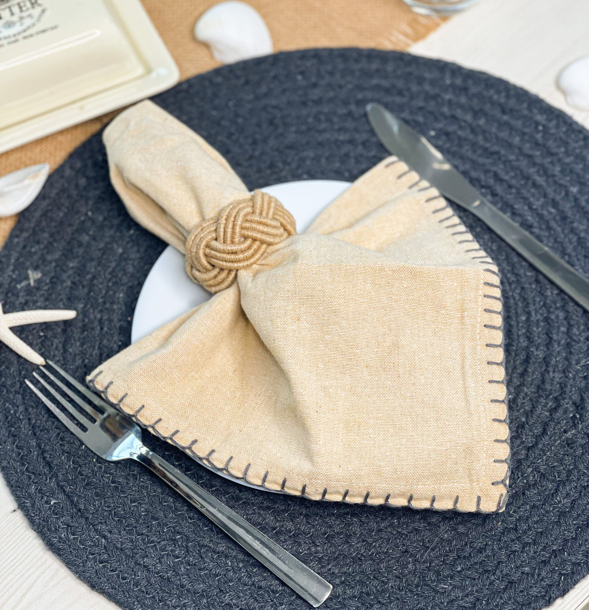 BLANKET STITCH  NAPKINS SET OF 6, Linen-Grey, 18''x18''.