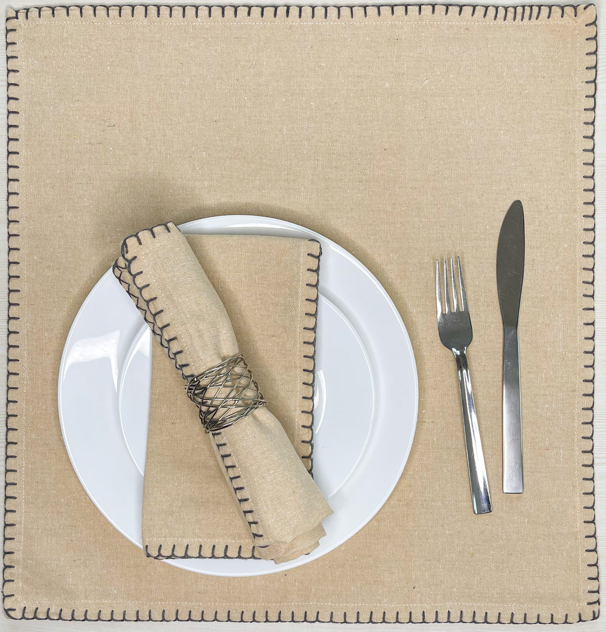 BLANKET STITCH  NAPKINS SET OF 6, Linen-Grey, 18''x18''.