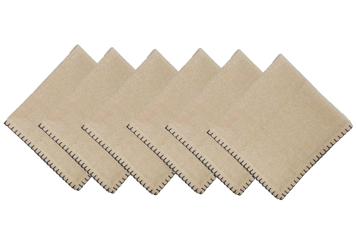 BLANKET STITCH  NAPKINS SET OF 6, Linen-Grey, 18''x18''.