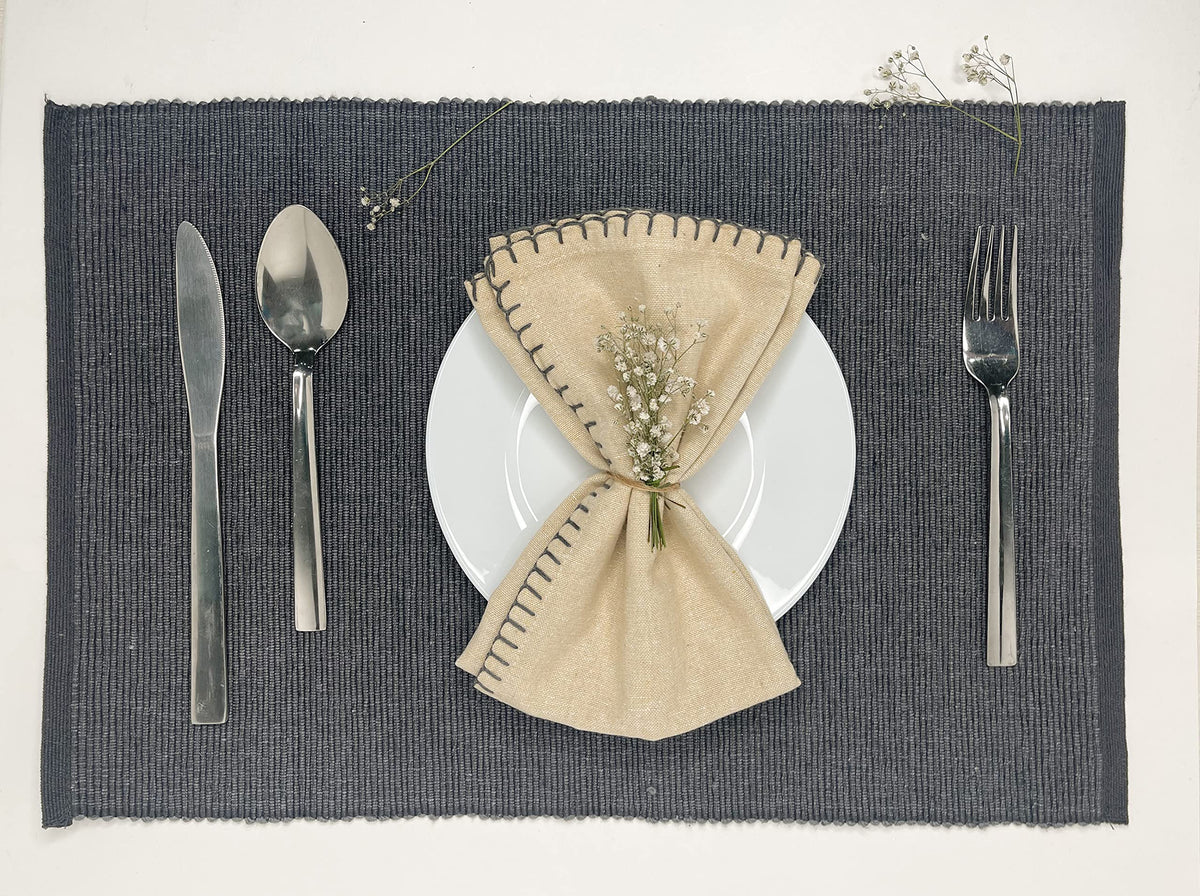 BLANKET STITCH  NAPKINS SET OF 6, Linen-Grey, 18''x18''.