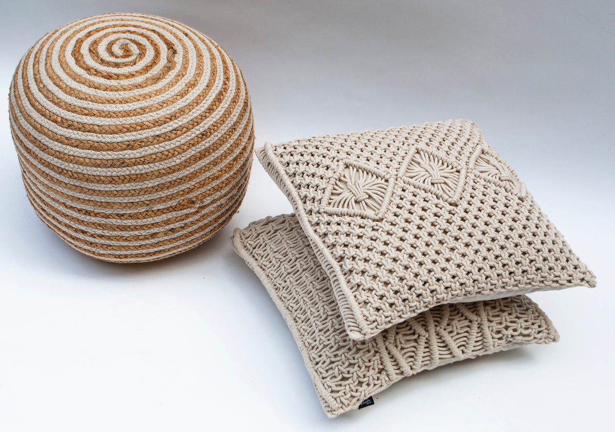 Natura Braided Natural Jute Pouf - Golden Brown, 18"x18"x14"
