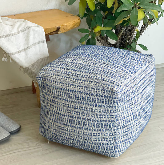 COTTON POUF COVER, BLUE-OFF WHITE, 16.5"x 16.5"x12.9"