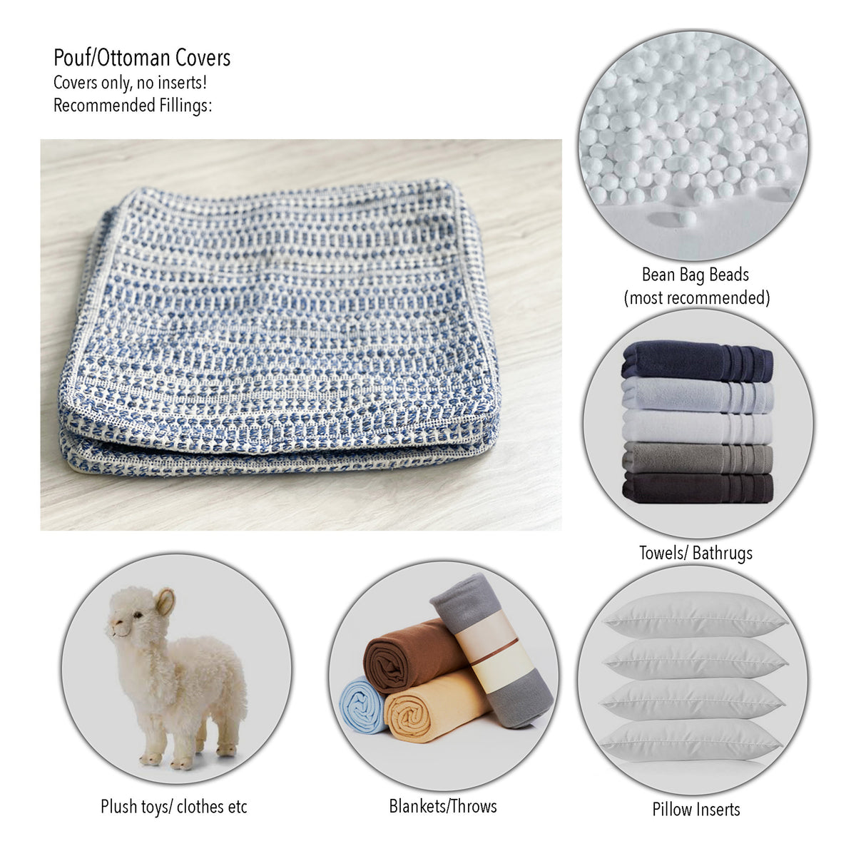 COTTON POUF COVER, BLUE-OFF WHITE, 16.5"x 16.5"x12.9"