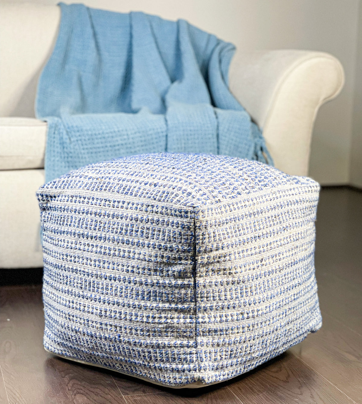 COTTON POUF COVER, BLUE-OFF WHITE, 16.5"x 16.5"x12.9"