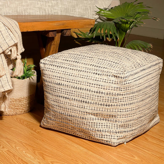 COTTON POUF COVER, BLACK-OFF WHITE, 16.5"x 16.5"x12.9"
