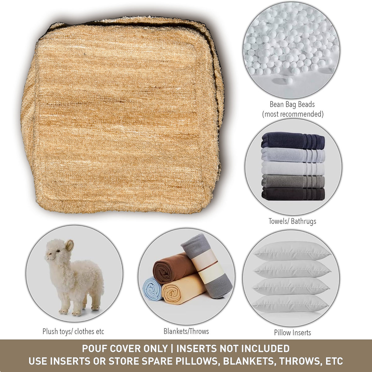 Polyester pouf cover, Beige, 16.5"x 16.5"x12.9"