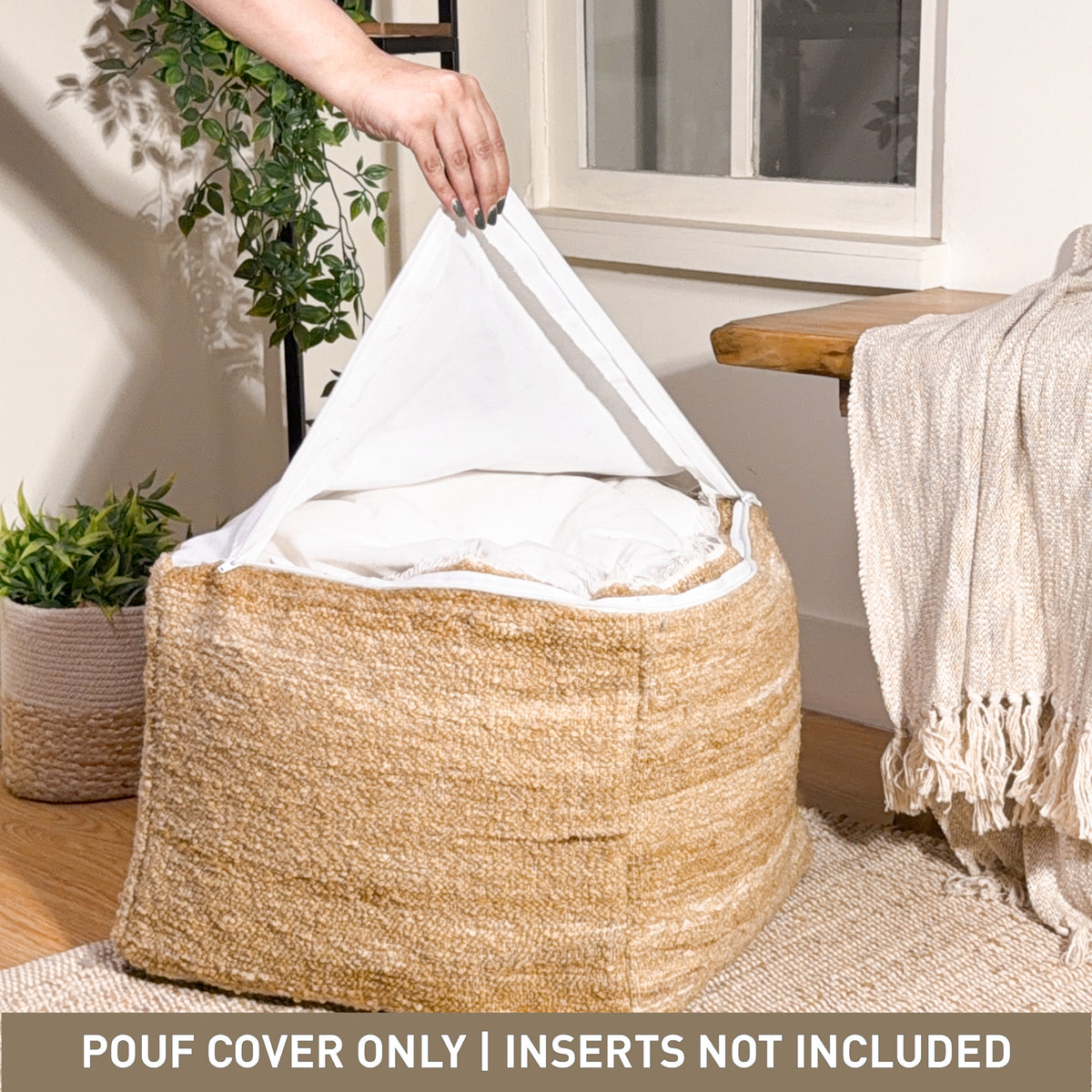 Polyester pouf cover, Beige, 16.5"x 16.5"x12.9"