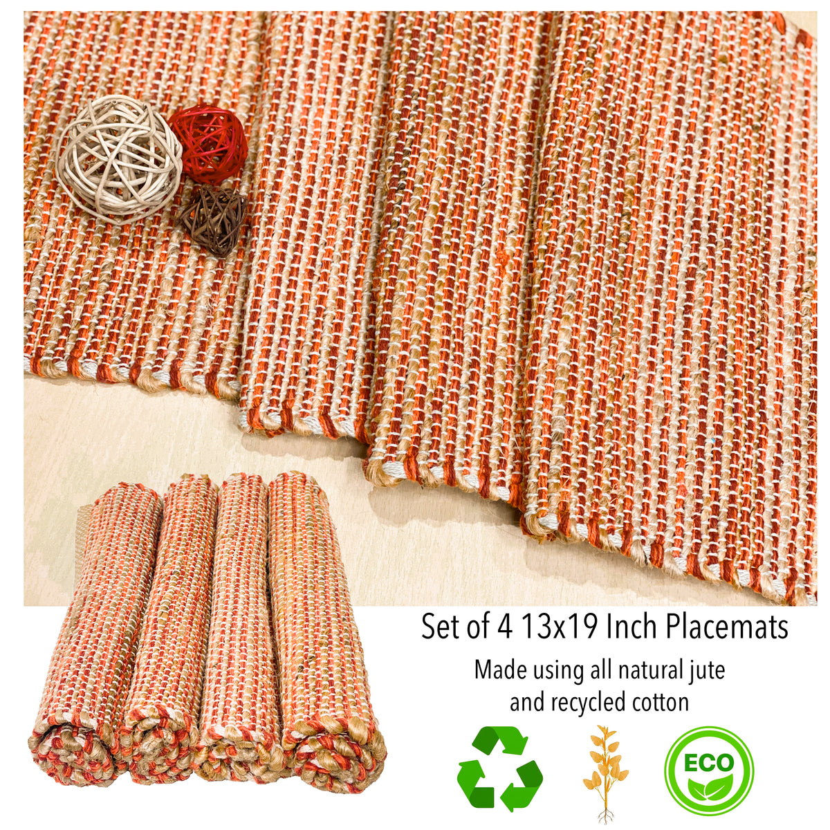 Ombre Placemats Set Of 4, Jute &Rust Orange, 13x19 Inch