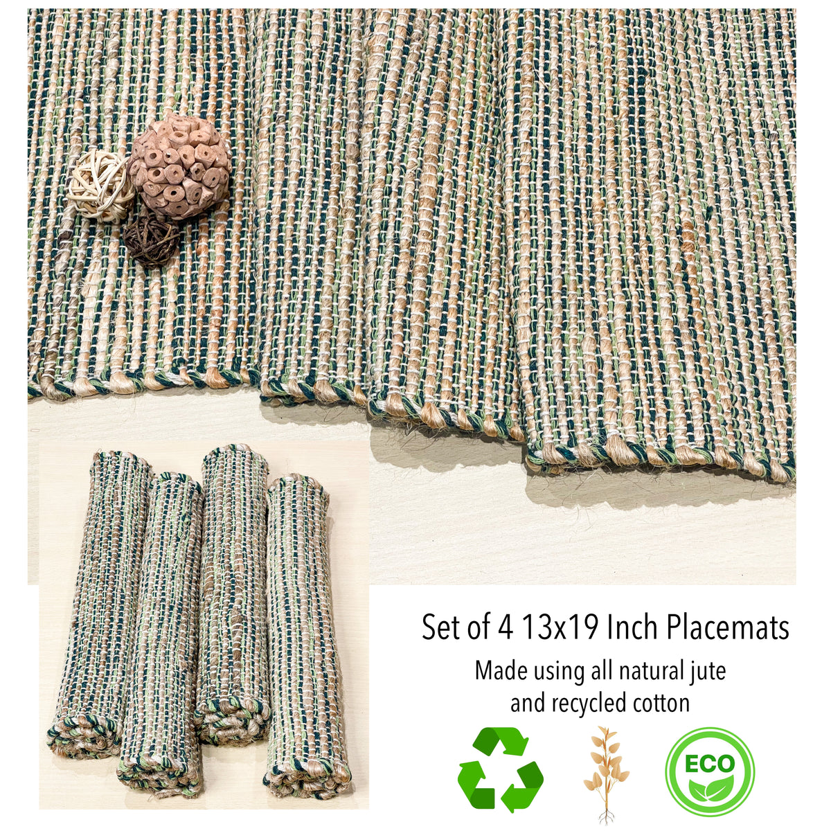 Ombre Placemats Set Of 4, Jute & Green, 13x19 Inch