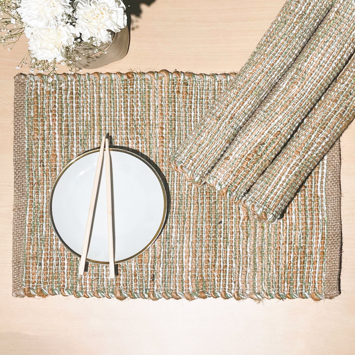 Ombre Placemats Set Of 4, Jute & Sage Green-White, 13x19 Inch