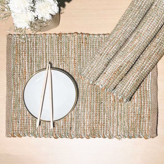 Ombre Placemats Set Of 4, Jute & Sage Green-White, 13x19 Inch