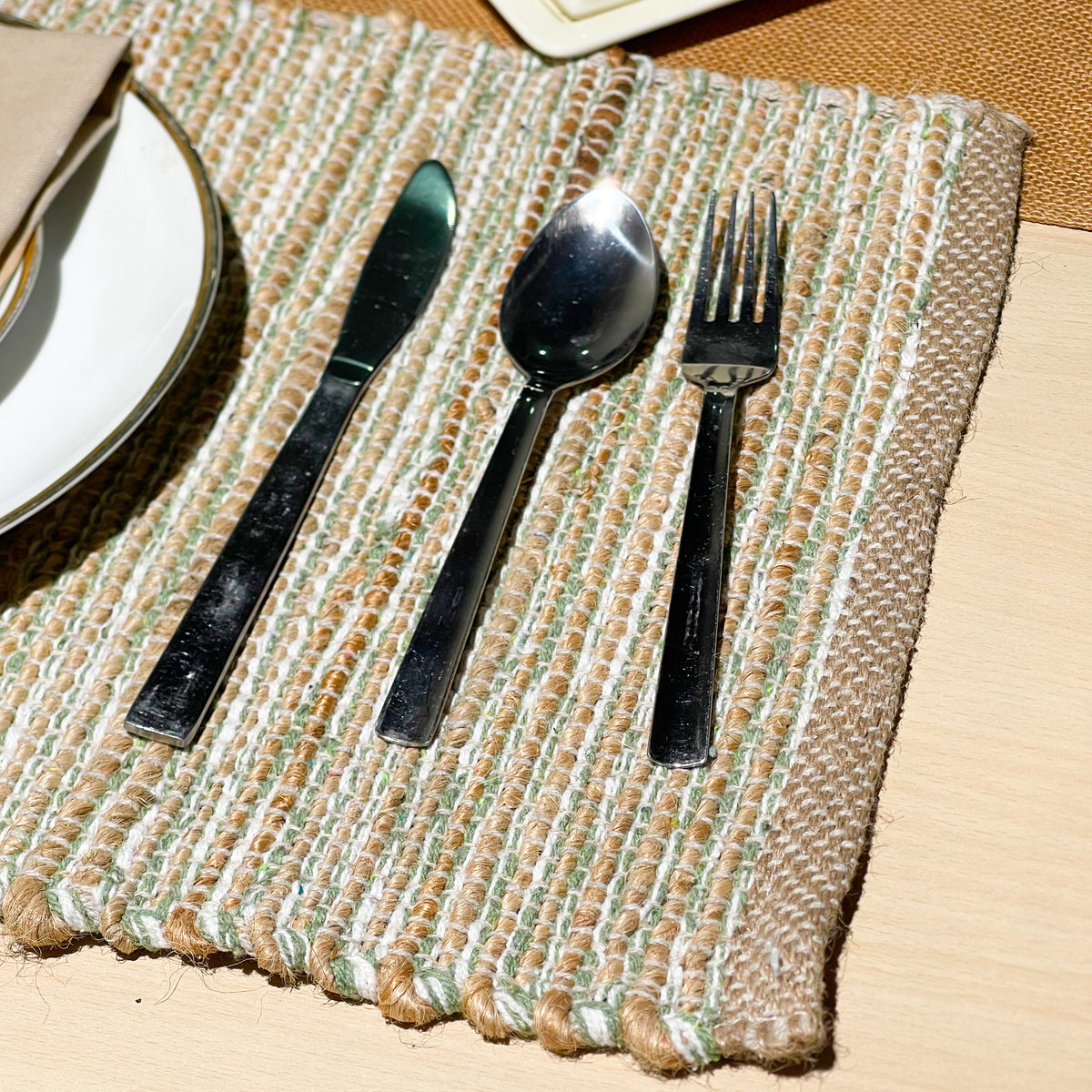 Ombre Placemats Set Of 4, Jute & Sage Green-White, 13x19 Inch