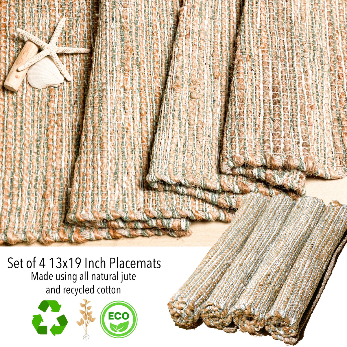 Ombre Placemats Set Of 4, Jute & Sage Green-White, 13x19 Inch