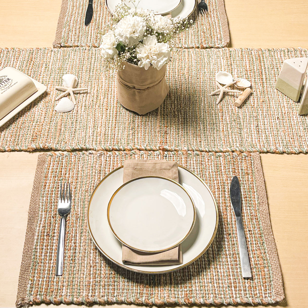 Ombre Placemats Set Of 4, Jute & Sage Green-White, 13x19 Inch