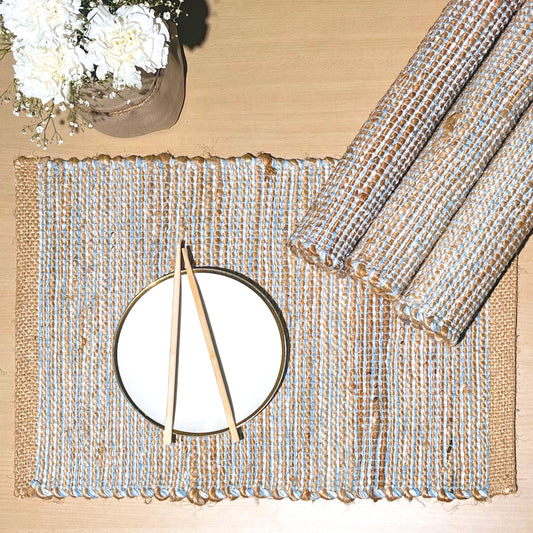Ombre Placemats Set Of 4, Jute & Sky Blue-White, 13x19 Inch