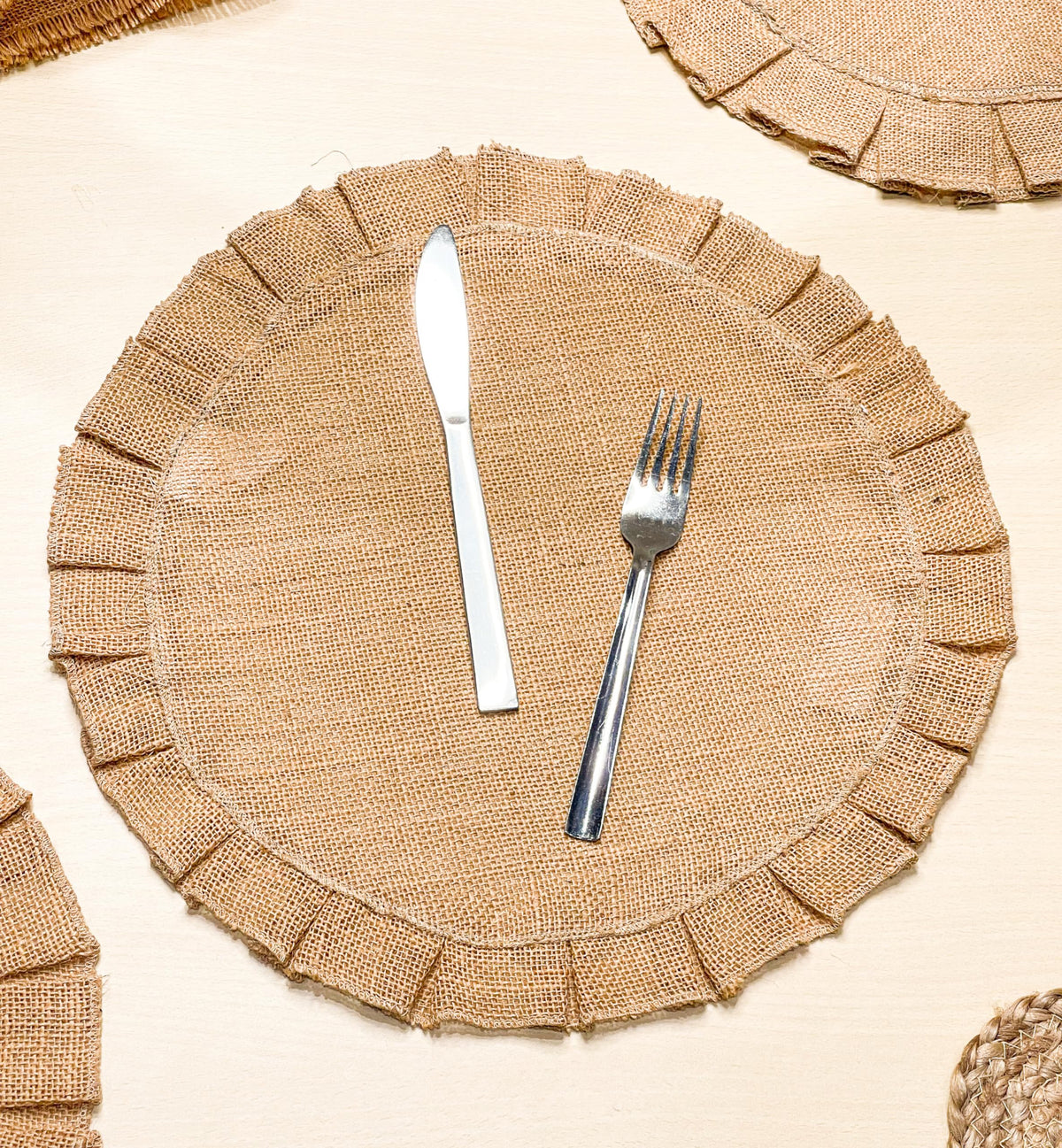 Burlap Ruffle Round Placemats Set Of 4 - Natural Jute, 15'' Rnd