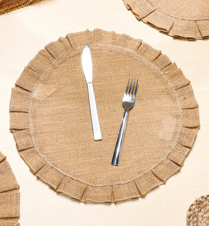 Burlap Ruffle Round Placemats Set Of 4 - Natural Jute, 15'' Rnd