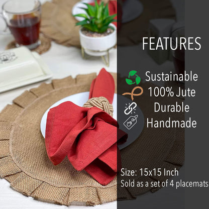 Burlap Ruffle Round Placemats Set Of 4 - Natural Jute, 15'' Rnd