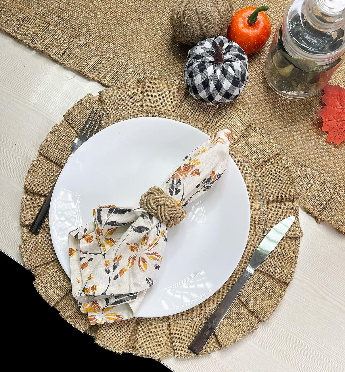 Burlap Ruffle Round Placemats Set Of 4 - Natural Jute, 15'' Rnd