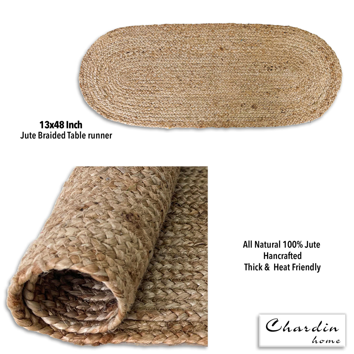 Oval Braided Table Runner - Natural Jute, 13''x48''