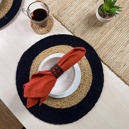 Verona Round Border Placemats Set Of 4 - Natural/Black, 15" Rnd.