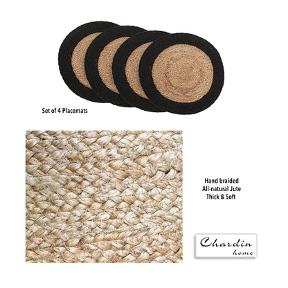 Verona Round Border Placemats Set Of 4 - Natural/Black, 15" Rnd.