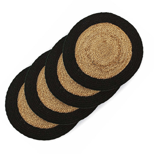 Verona Round Border Placemats Set Of 4 - Natural/Black, 15" Rnd.