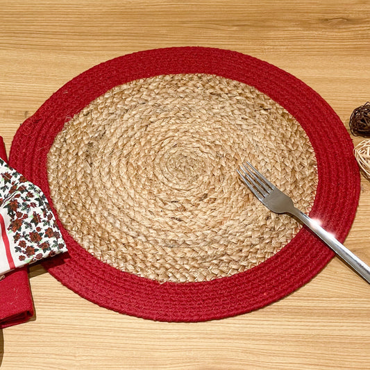 VERONA ROUND BORDER PLACEMATS SET OF 4, NAT-RED, 15''x15''.