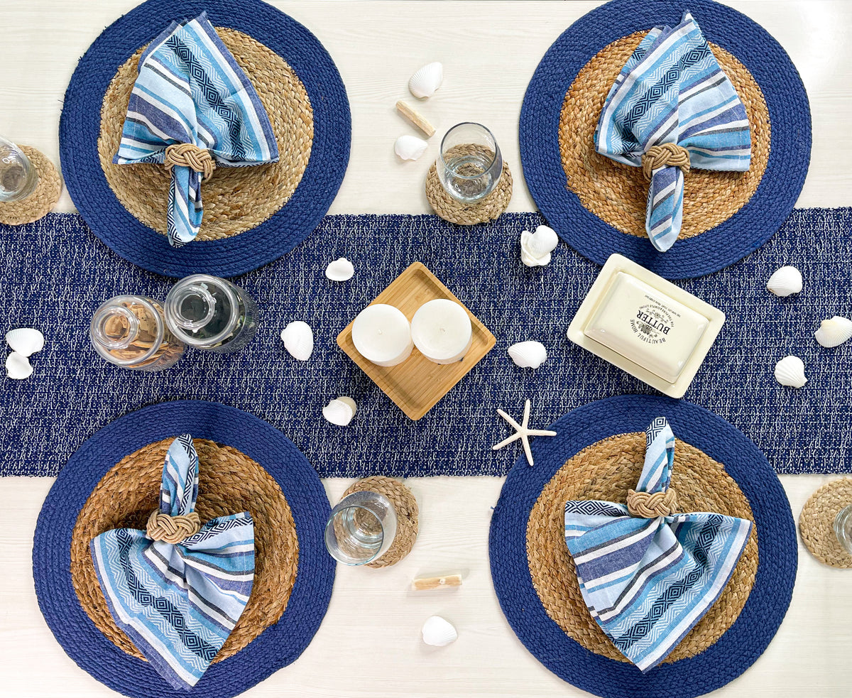 VERONA ROUND BORDER PLACEMATS SET OF 4, NAT-NAVY, 15''x15''