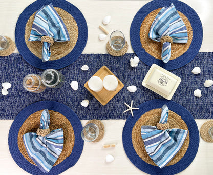 VERONA ROUND BORDER PLACEMATS SET OF 4, NAT-NAVY, 15''x15''